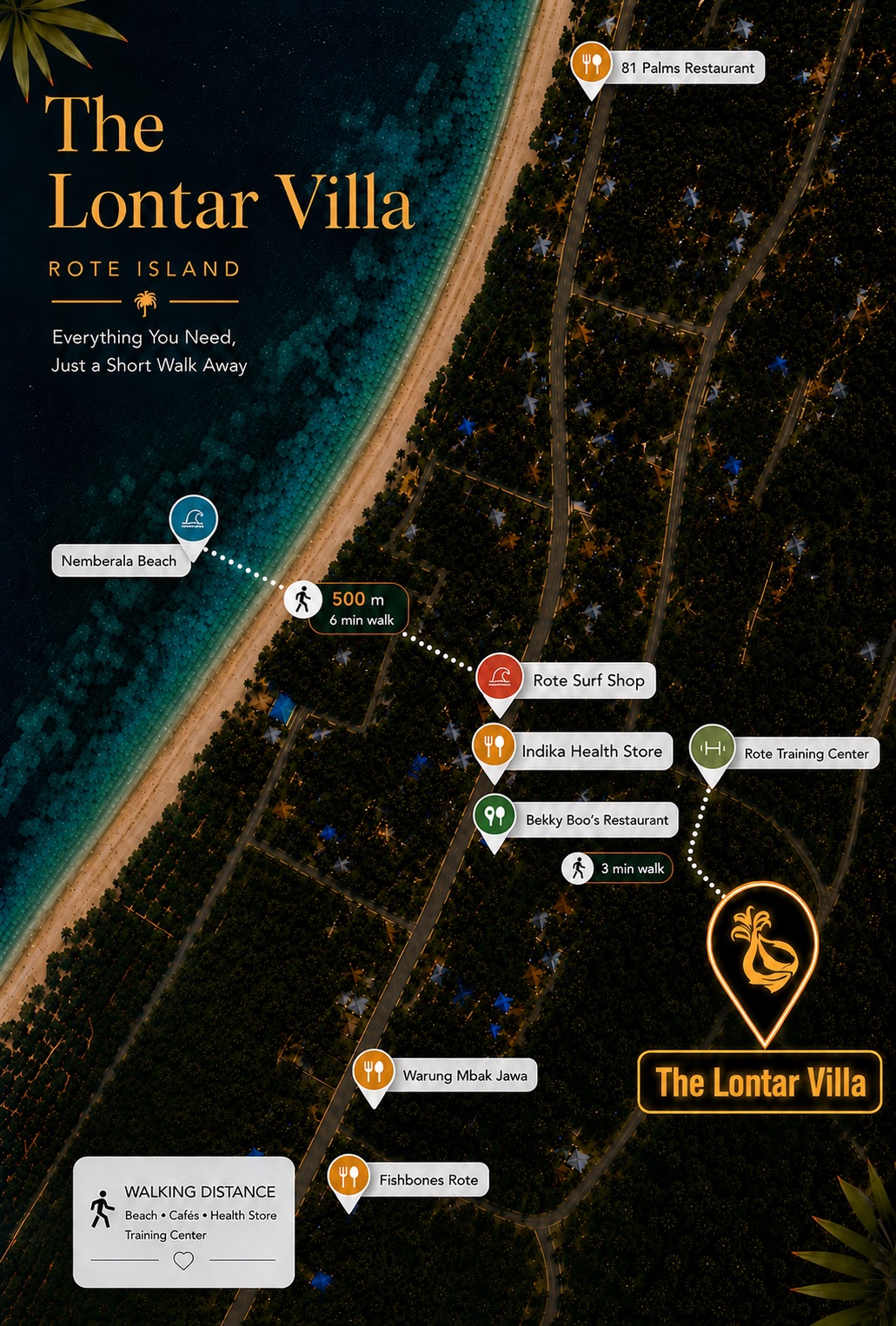 The Lontar villa location map near Nemberala Beach, Rote Island